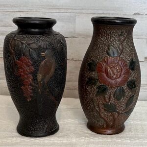 Vintage Elegant Black and Brown Floral Vases Made in Japan